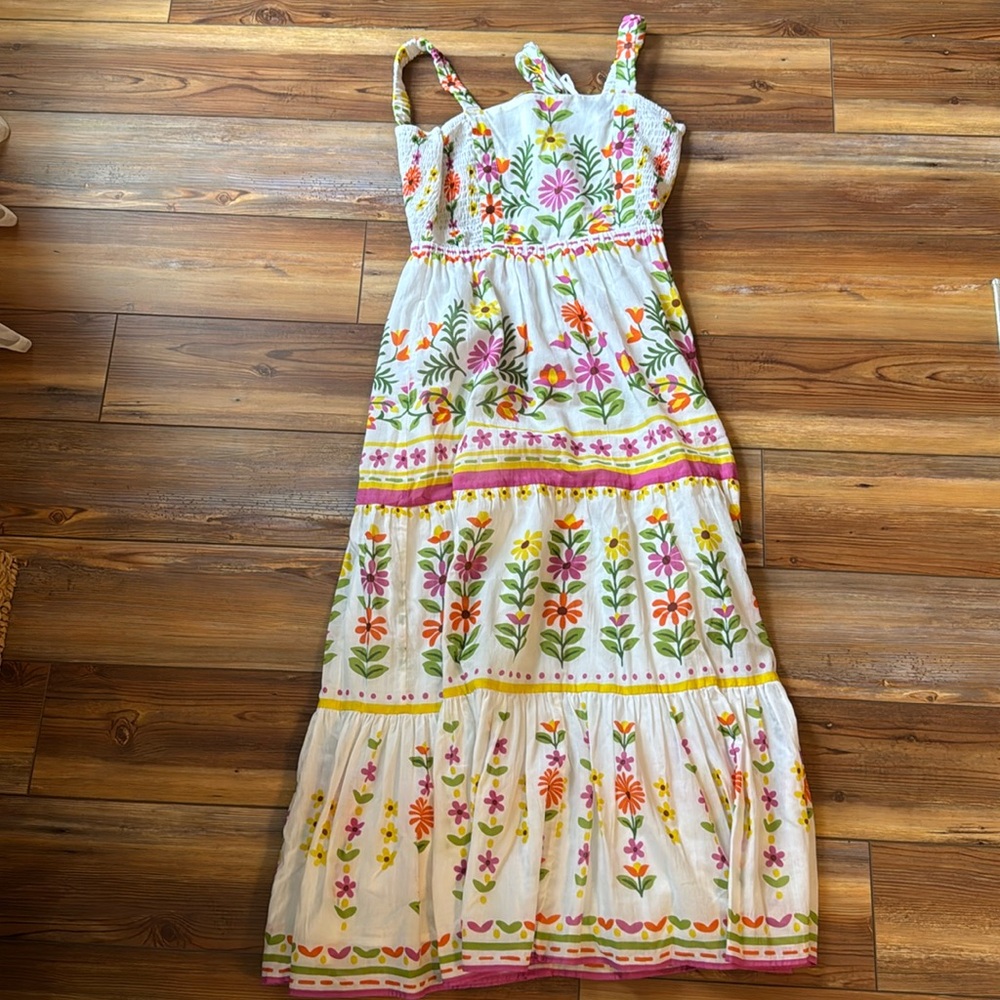 Banjanan White Midi Dress with Pink Orange Yellow & Green Floral Embroidery